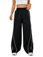 1 x RAW Customer Returns GORGLITTER women s wide leg trousers, elastic waistband, long trousers, loose leisure trousers with contrast piping, black L - RRP €34.27