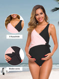 1 x RAW Customer Returns Love2Mi Maternity Swimsuit One-Piece Elegant V-Neck Maternity Swimwear Tie Front Bowknot Swimsuit Pink Black M - RRP €32.99