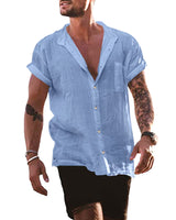 1 x RAW Customer Returns YAOBAOLE Cotton and linen shirt, short sleeves, buttons, shirt, casual, beach, shirt, summer, light, linen, sky blue, XXL, sky blue - RRP €27.6