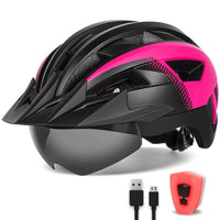 1 x RAW Customer Returns FUNWICT Bicycle Helmet with Visor for Men Women, Lightweight Bicycle Helmet with Magnetic Goggles and USB Charging LED Light, Stylish Mountain Bike Helmet M 54-58 cm, Black Pink  - RRP €50.99