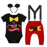 1 x RAW Customer Returns Baby Boy 1st Birthday Party Mickey Mouse Fancy Dress Bow tie romper adjustable Y braces trousers headband 4 pieces gentleman cake smash clothes photo shoot, black and red., 12-18 Months - RRP €24.0