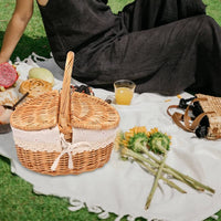 1 x RAW Customer Returns Lobamop Handmade Willow Basket with, Wicker Camping Picnic Basket with Double Lid, Shopping Basket with Fabric Cover - RRP €42.56