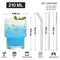 1 x RAW Customer Returns ALINK 200ml mini ribbed drinking glasses with glass straws set of 4, water glasses, long drink glasses, drinking glasses, vintage iced coffee cups, for cocktails, whiskey, beer - cleaning brush - RRP €15.12