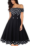 1 x RAW Customer Returns AXOE women s off-the-shoulder dress 50s cocktail dress with short sleeves knee-length black and white dotted size 38, M - RRP €36.29