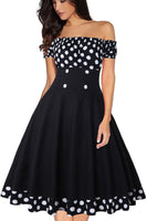 1 x RAW Customer Returns AXOE women s off-the-shoulder dress 50s cocktail dress with short sleeves knee-length black and white dotted size 44, XXL - RRP €36.29