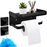 1 x RAW Customer Returns Toilet paper holder without drilling aluminum toilet paper holder with shelf 17 cm toilet roll holder WC paper holder with 2 towel hooks toilet paper holder glue or drill for kitchen bathroom black - RRP €11.09