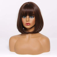 1 x Brand New Dark Brown Short Wig with Bangs 12 Inch Bob Shoulder Length Heat Resistant Straight Synthetic Hair Wig for Women Multiple Scenes - RRP €24.98