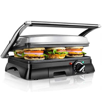 1 x RAW Customer Returns Aigostar Samson 30KLU- XXL contact grill Panini grill, sandwich maker, 2000 watts, non-stick coated stainless steel, foldable to 180 degrees, temperature control, DISPOSABLE PACKAGING. - RRP €59.99