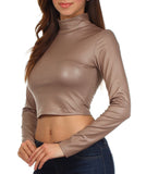 1 x Brand New Sakkas 687121 Matte Liquid Mock Neck Turtleneck Long Sleeve Crop Top - Made in USA - Taupe - L - RRP €32.99