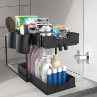 1 x RAW Customer Returns 2 Tier Under Sink Shelf, Sink Cabinet Kitchen Cabinet Organizer Pull Out Under Cabinet Shelf Kitchen Organizer with 4 Hooks and 2 Cups for Sink, Bathroom, Kitchen, Cabinet, Table Top-Black - RRP €18.13