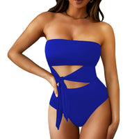 1 x RAW Customer Returns Viottiset Women s Bandeau Strapless One Piece Wrap Swimsuit High Cut Monokini Swimwear Sapphire Blue Small - RRP €33.99