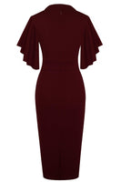 1 x RAW Customer Returns HOMEYEE Women s Elegant V-Neck with Ruffle Sleeve Stretch Party Dress B572 L, Dark Red  - RRP €37.99