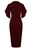 1 x RAW Customer Returns HOMEYEE Women s Elegant V-Neck with Ruffle Sleeve Stretch Party Dress B572 L, Dark Red  - RRP €37.99