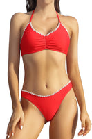 1 x Brand New SHEKINI Women s Two Piece Swimsuits Chic Low Collar Halter Adjustable Bikini Top Women s 2 Piece Bikini with Elegant Triangle Bikini Bottom XL,Red K  - RRP €32.99