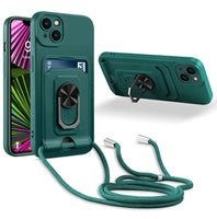 3 x Brand New JMstore Mobile Phone Chain Protective Case Compatible with iPhone 15 Plus, 360 Ring Stand Magnetic Iron Sheet Card Slot Camera Protection Shockproof Silicone Case-Green - RRP €61.2