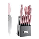 1 x RAW Customer Returns Knife block hecef professional knife set with wooden block 14 pieces Stainless Steel Kitchen Knife Sharp Set with Knife and Pink Handle Professional Chef s Knife Set with Scissors Steak Knife Knife Sharpener Pink  - RRP €59.5