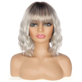 1 x RAW Customer Returns PORSMEER Wig Gray Short Bob Wig with Bangs Natural Ombre Silver Wig Synthetic Hair Colorful Daily Party Halloween Cosplay Wavy Curly Wigs for Women - RRP €21.62