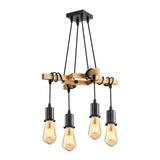 1 x RAW Customer Returns DAXGD vintage chandelier, retro hanging lamp made of wood and black metal, 4 E27 bulbs not included, max. 60W, for living room or restaurant - RRP €48.98