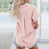 1 x RAW Customer Returns Xnova Women s Short Sleeve Shirt Basic Blouse Button V-Neck Oversized Tops Solid Essentials Shirt, Summer Lapel Neck T-Shirt with Pocket Pink, XL  - RRP €22.99