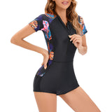 1 x RAW Customer Returns IBTOM CASTLE Women Floral Zipper Rashguard Swimsuit Long Sleeve Short Sleeve Swimsuit Boyleg Surf Wetsuit One Piece Swimsuit,Black Blue Leaf,L - RRP €33.36