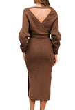 1 x Brand New Viottiset Women s V-neck Midi Knitted Jumper Elegant Backless Long Sleeve Tunic Dresses Belt Brown Small - RRP €44.36