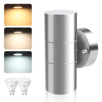 1 x RAW Customer Returns ALUSSO LIGHTING stainless steel LED wall light indoor outdoor up down outdoor lamp, wall lamp incl. 2x 8W GU10 light bulbs 750LM 3000K 4000K 6000K outdoor lamp, outdoor light IP65 waterproof for garden, silver - RRP €27.1