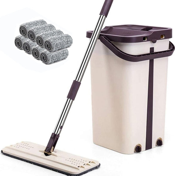 1 x RAW Customer Returns Flat mop with bucket and 8 microfiber mop heads, hand-free mop floor mop with wringing function and bucket L  - RRP €28.22