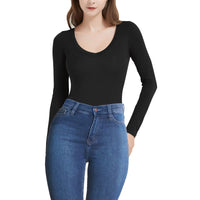 1 x RAW Customer Returns RoomTour Women s Long Sleeve Bodysuit, V-Neck Thong Tops for Women, Women s Bodycon Jumpsuit 2-Pack Black Black S - RRP €34.79