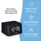 1 x RAW Customer Returns REACHER digital alarm clock and sleep aid white noise with adjustable volume, 6 alarm tones, 12 soothing tones for sleeping, auto-off timer, USB charger, battery backup, 0-100 dimmer - RRP €33.99