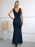 1 x RAW Customer Returns Laughido Maxi Dress Wrap Dress Party Dress Bodycon Evening Dresses Women Cocktail Dress Festive Elegant Long Wedding Summer Dress Navy Blue, Large  - RRP €48.99