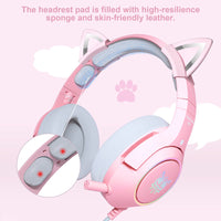 1 x RAW Customer Returns Gaming Headset Pink, Detachable Cat Ear Headphones, 7.1 Surround Sound Gaming Headset with Adjustable Noise Cancellation, LED Light, Retractable Microphone - RRP €39.99