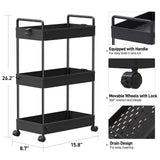 1 x RAW Customer Returns SOLEJAZZ Rolling Cart, 3-Tier Kitchen Cart, Mobile Storage Rack Organizer for Kitchen, Bathroom, Laundry Room, Bedroom, Narrow Spaces, Plastic, with Handles, 22 x 40 x 61 cm, Black - RRP €27.37