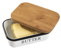 1 x RAW Customer Returns Theo Cleo butter dish with wooden lid, butter bell for 250 g butter, multi-function butter dish, elegant and sustainable bamboo lid, white white  - RRP €14.11