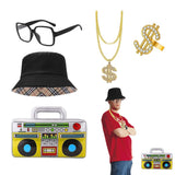 1 x Brand New LOMUG 5 Pack Hip Hop Costumes, Includes Black Fisherman Hat, Inflatable Glasses, Fake Ring, Gold Chain, 80s 90s Rapper Props, Fancy Dress Accessories - RRP €19.2