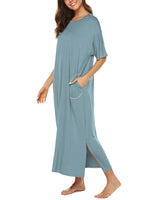 1 x RAW Customer Returns BESDEL Women s Nightdress Long Sleeve Nightgown, Casual Cotton Nightwear Henley Sleep Dress Full Length Gray Blue XXL - RRP €29.99