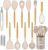 1 x RAW Customer Returns DLD Kitchen Utensils Set, 22 Pieces Premium Kitchen Utensils Spatula Set with Holder, Non-Stick Heat Resistant Kitchen Utensil with Natural Wooden Handle Khaki  - RRP €30.0