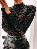 1 x RAW Customer Returns SEBOWEL Women s Zebra Body Sexy Transparent Mesh Long Sleeve See-Through Bodysuit Tops Black L - RRP €22.99