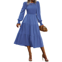 1 x RAW Customer Returns TcIFE Women s Round Neck Long Sleeve Long Dress Smocked Elastic High Waist Maxi Dress Tiered Ruffle A-Line Solid Color Dresses Casual Dresses, Blue, M - RRP €30.76