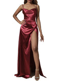 1 x RAW Customer Returns Unicra Women s Spaghetti Straps Satin Prom Dresses Red High Slit Backless Evening Dresses Long Bridesmaid Dress with Train for Women and Girls - RRP €43.99