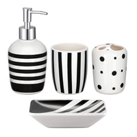 5 x Brand New MUZI Ceramic Bathroom Accessories Set, Modern Design Lotion Bottles, Toothbrush Holder, Tumbler, Soap Dispenser Black and White Striped, 4 Pack  - RRP €131.05