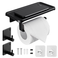 1 x RAW Customer Returns OdiuK Toilet Paper Holder Without Drilling, Toilet Paper Holder with 17 cm Shelf, Black Aluminum Self-Adhesive Toilet Paper Holder with 2 Towel Hooks Wall Mounted Toilet Roll Holder for Bathroom Kitchen - RRP €10.68