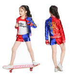 1 x RAW Customer Returns Generico Harley Costume for Girls, Cosplay Complete with Harley, Embroidered Jacket for Girls, T-Shirt, Shorts, Glove Collar, Harley Suicide Costume 140, Child  - RRP €19.2