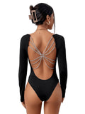 1 x RAW Customer Returns GORGLITTER Body Women s Long Sleeve Bodysuit with Chain Back Bodysuits Backless Bodysuits Festival Outfit Overall Black L - RRP €28.99