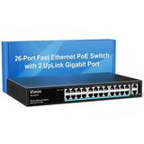 1 x RAW Customer Returns VIMIN 26 Port Fast Ethernet PoE Switch with 2 Gigabit Uplink Ports, 24 Port 10 100Mbps PoE Network Switch Unmanaged Supports IEEE802.3af at, Range Extension to 250m, VLAN, 320W PoE Budget - RRP €110.92