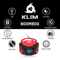 1 x RAW Customer Returns KLIM Boombox Portable CD Radio with Bluetooth - New 2024 - MP3 USB AUX FM Radio - CD Player with Rechargeable Batteries Included - Wireless and Wired Mode - Compact and Resistant Design Red - RRP €60.47