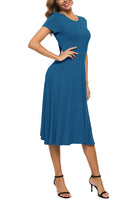 1 x RAW Customer Returns EXCHIC Women s Casual Round Neck A-Line Short Sleeve Midi Dress Summer Stretchy Knee Length Casual Dresses L, Steel Blue  - RRP €32.88