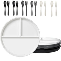 4 x Brand New Greentainer divided plate set with fork and spoon, 6 unbreakable dinner plates made of PP, 26cm dinner plates, reusable children s plates, lightweight plastic plates for children and adults, camping plates - RRP €81.6