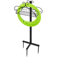 1 x RAW Customer Returns Garden hose holder freestanding metal water hose stand, removable sturdy hose hanger with storage basket, garden hose holder for yard lawn black - RRP €26.21