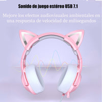 1 x RAW Customer Returns Gaming Headset Pink, Detachable Cat Ear Headphones, 7.1 Surround Sound Gaming Headset with Adjustable Noise Cancellation, LED Light, Retractable Microphone - RRP €39.99