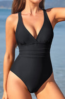 1 x RAW Customer Returns SHEKINI Women s One Piece Swimsuit V Neck Ruched Swimwear Cross Backless Figure Shaping Beachwear Swimsuit M, Black  - RRP €34.95